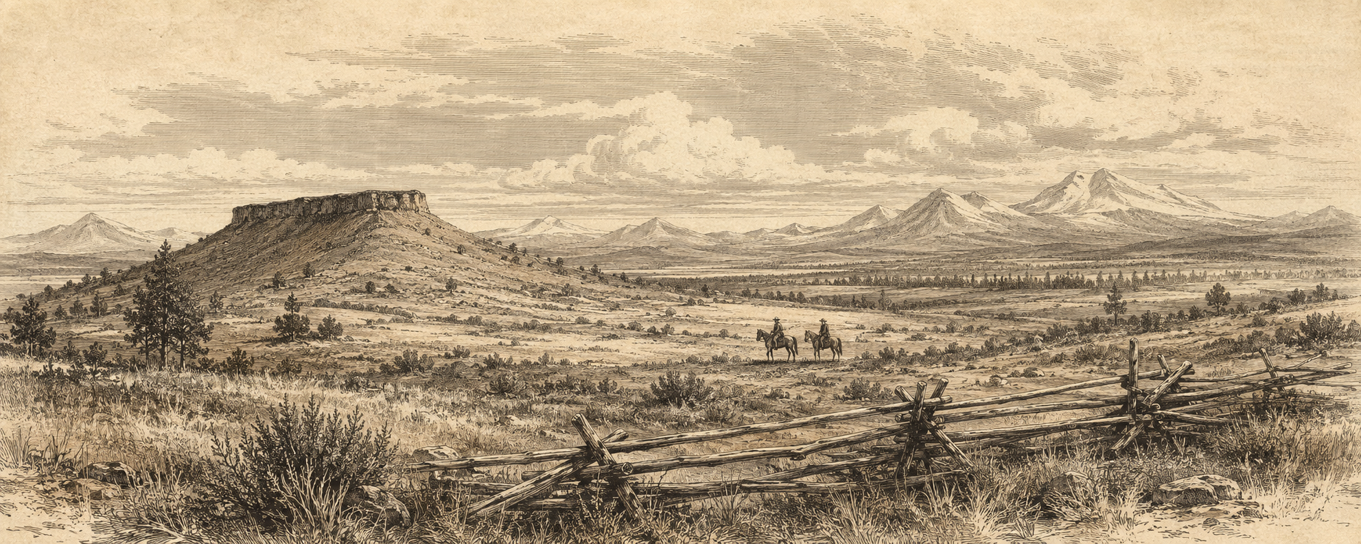 Vintage engraved interpretation of Oregon frontier country and Saddle Butte